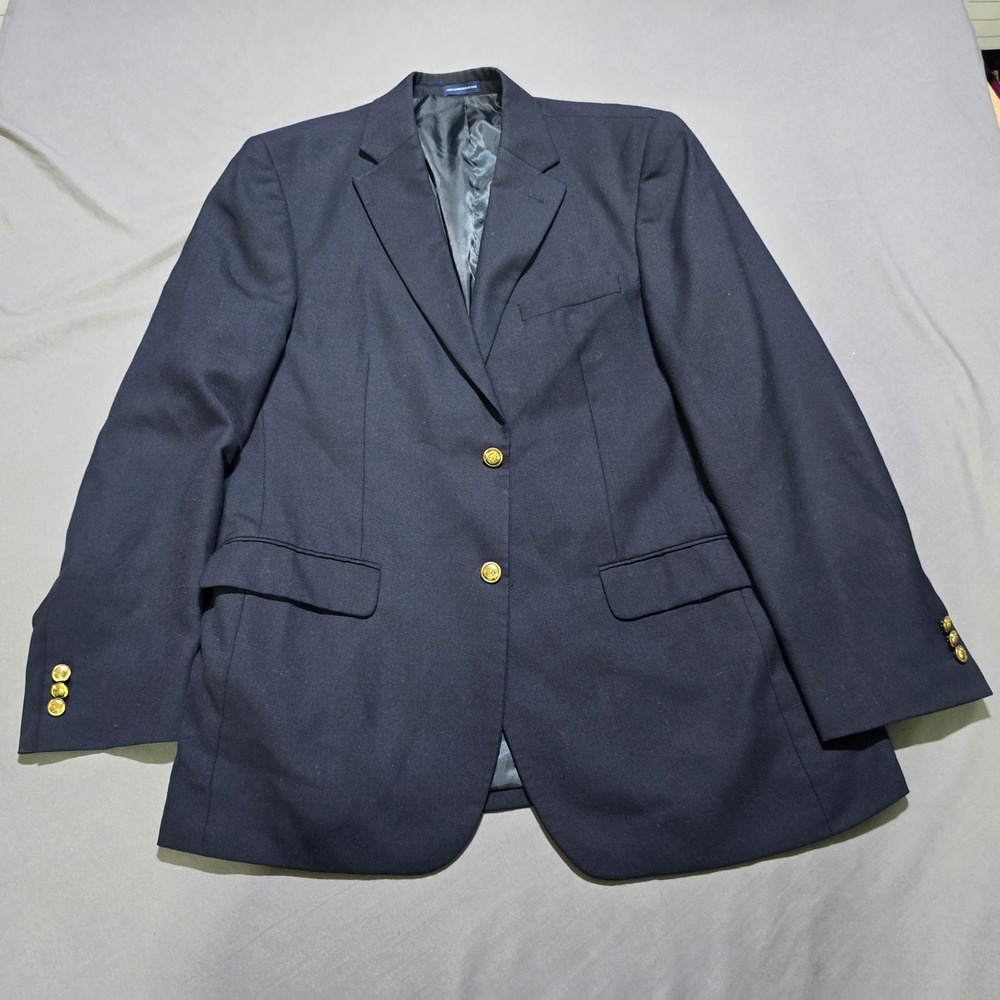 Stafford Blazer Mens 42L Navy Wool Blend Gold Crest Button Sport Coat jacket